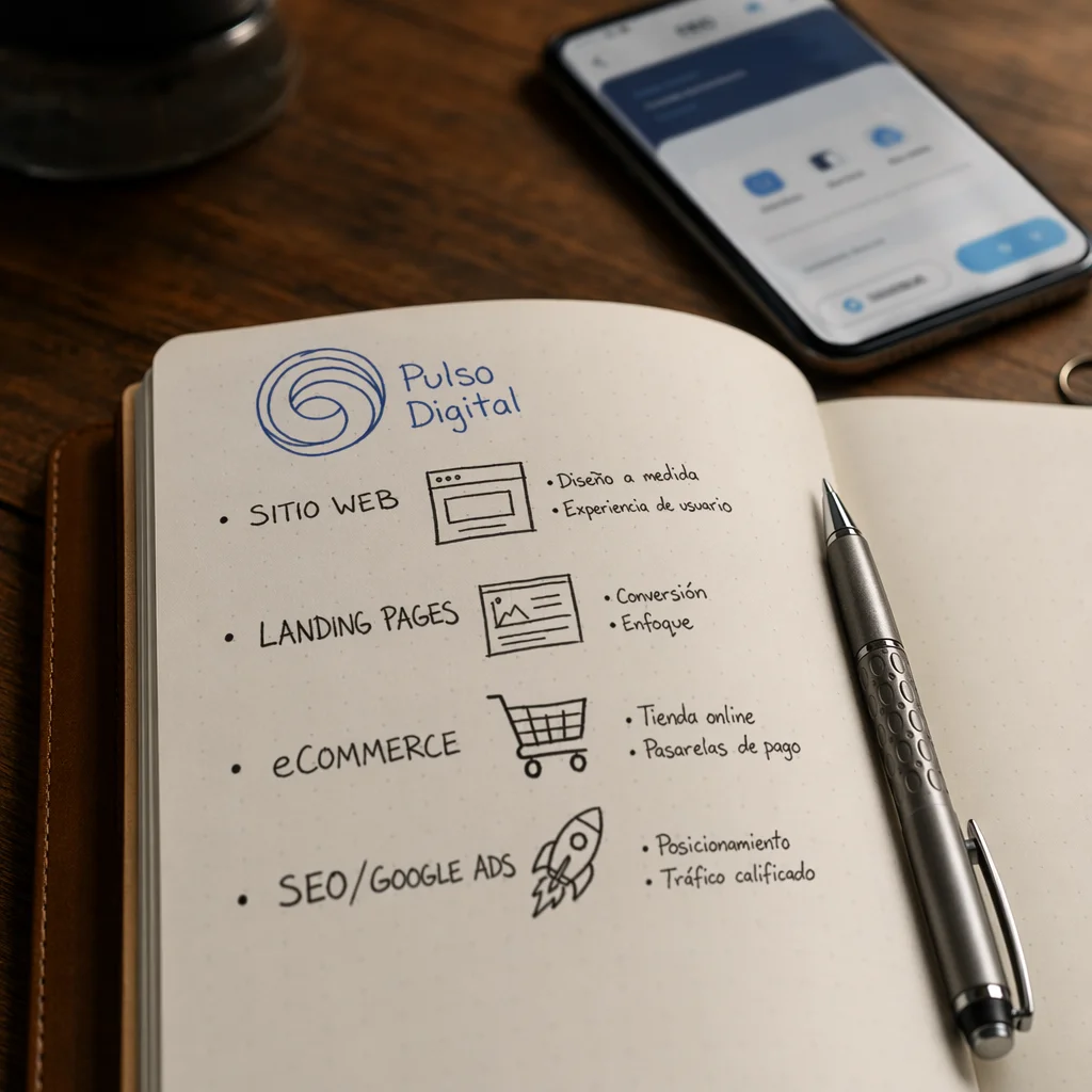 Libreta de apuntes con bocetos de servicios de Pulso Digital: diseño de sitios web, landing pages, tiendas en línea eCommerce y posicionamiento SEO.