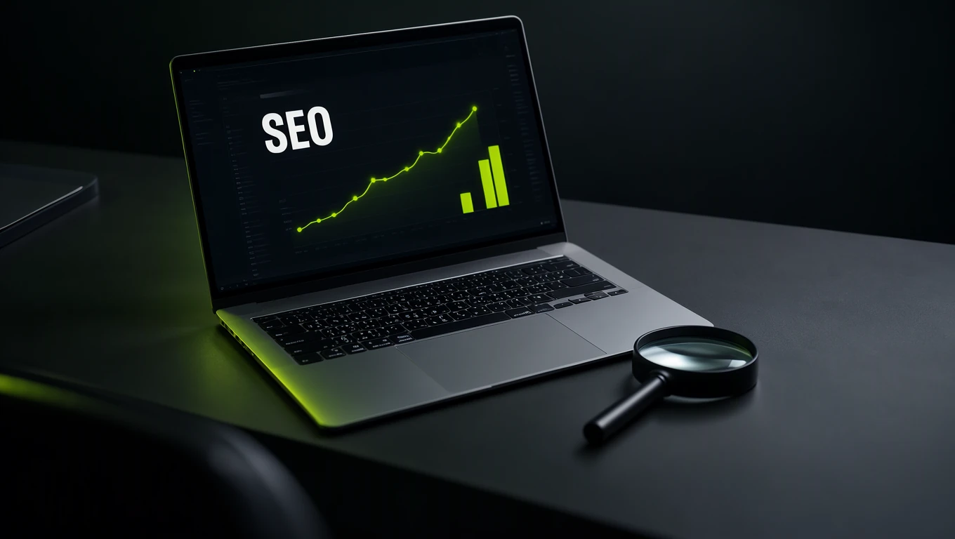 Posicionamiento SEO en Monterrey: laptop con gráfica de crecimiento y lupa de búsqueda