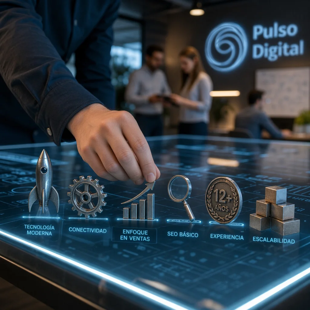 Iconos metálicos sobre un escritorio interactivo que muestran las ventajas de Pulso Digital: tecnología moderna, enfoque en ventas, SEO básico y más de 12 años de experiencia.