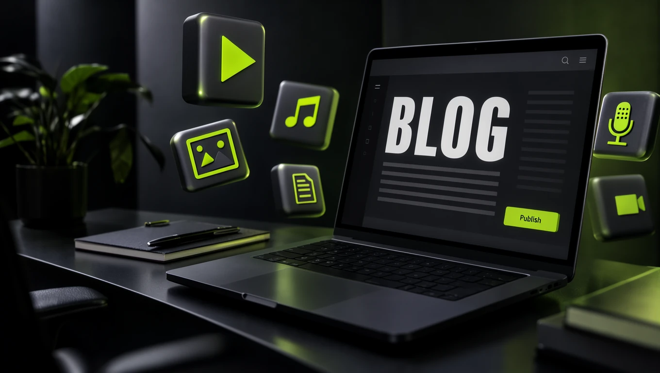 Creación de contenido digital: laptop con blog e íconos de video, audio e imagen