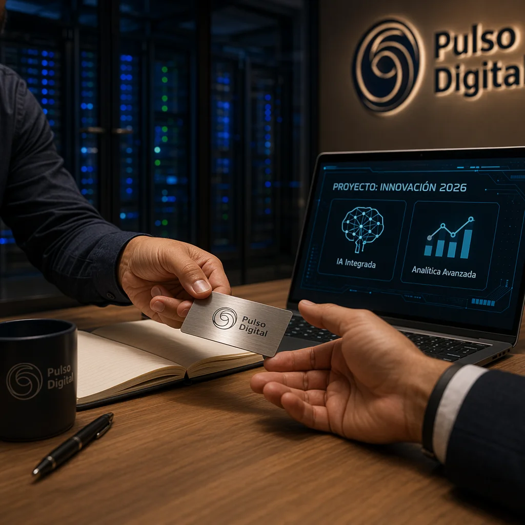 Diseño de Páginas Web en Monterrey, Detalle de manos intercambiando una tarjeta de Pulso Digital. En el escritorio hay una laptop mostrando innovación tecnológica y al fondo servidores de alto rendimiento para diseño de páginas web en Monterrey.