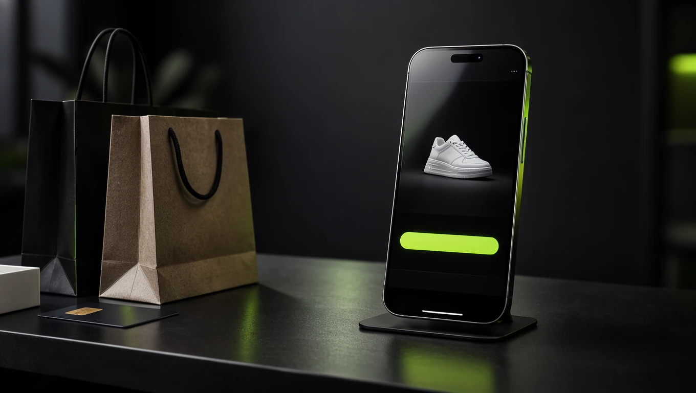 Diseño de tiendas en línea en Monterrey: celular con tienda online y bolsas de compra