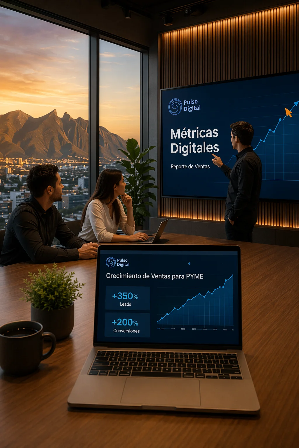 Diseño de páginas web en Monterrey, Equipo de Pulso Digital en oficina de Monterrey analizando métricas de diseño de páginas web con vista al Cerro de la Silla.