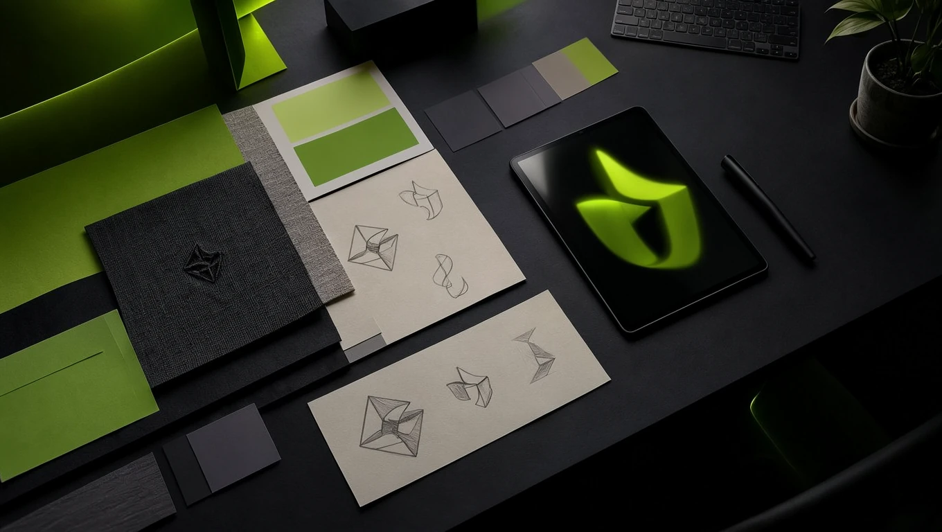 Branding en Monterrey: bocetos de logotipo, paleta de colores y tablet con diseño de marca