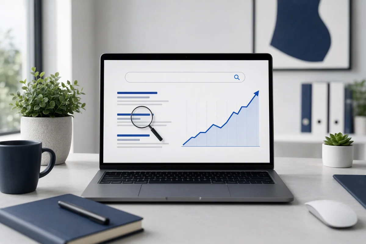 Laptop mostrando demanda de búsqueda y crecimiento en Google Ads