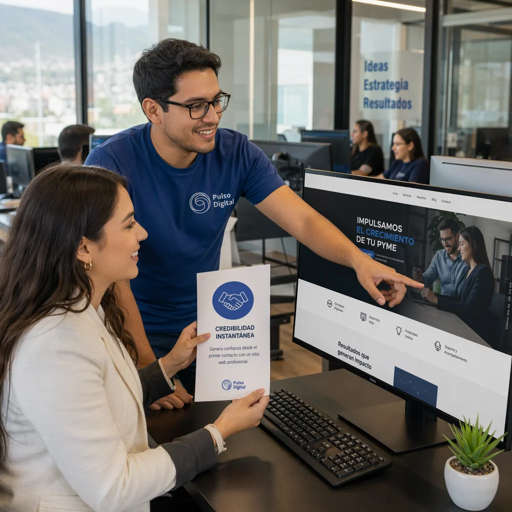 Cliente y experto de Pulso Digital en Monterrey analizando el diseño de una página web para PYMES que genera credibilidad instantánea.