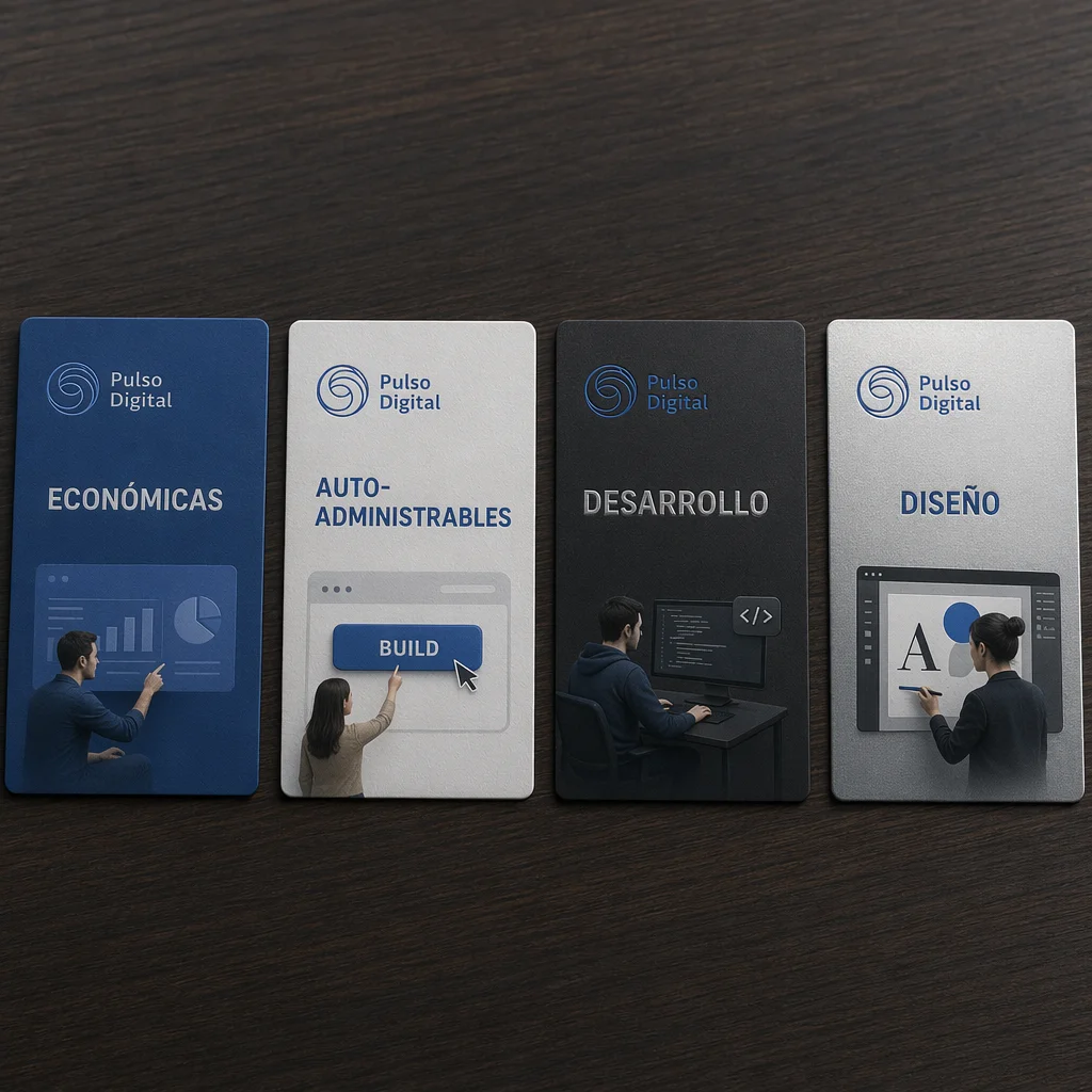 Cuatro tarjetas de servicios de diseño web de Pulso Digital: páginas económicas, sitios auto-administrables, desarrollo a la medida y diseño web premium.
