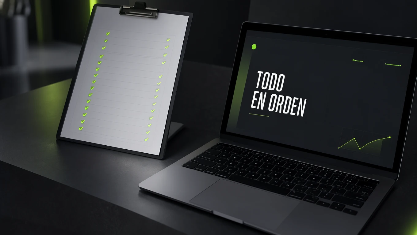 Mantenimiento de páginas web: laptop con panel de sitio funcionando y checklist