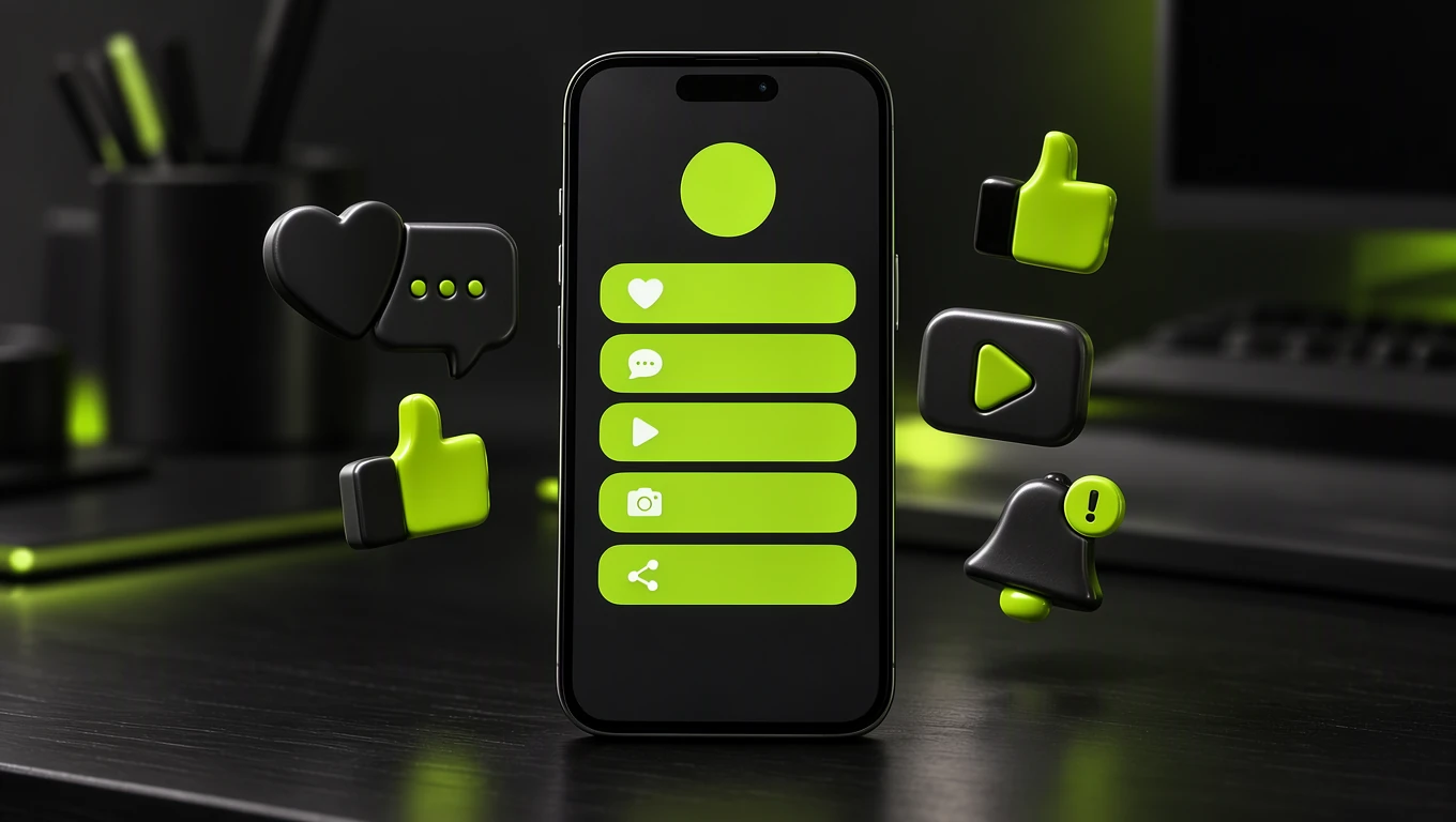 Gestión de redes sociales en Monterrey: celular con íconos de likes, comentarios y videos