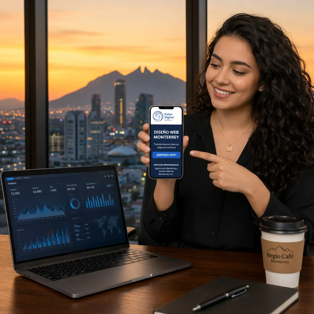 Joven profesional en una oficina de Monterrey mostrando un diseño de página web optimizado para móviles en su celular. Al fondo se ve el Cerro de la Silla y en el escritorio una laptop con métricas de rendimiento.