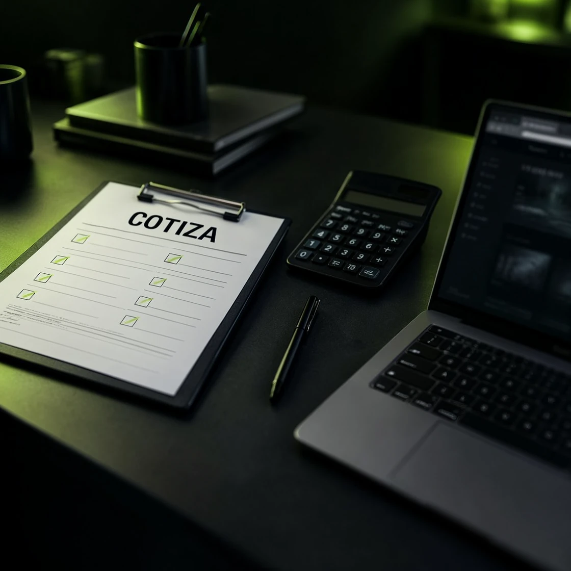 Cotiza tu sitio web: formato de cotización con laptop y calculadora