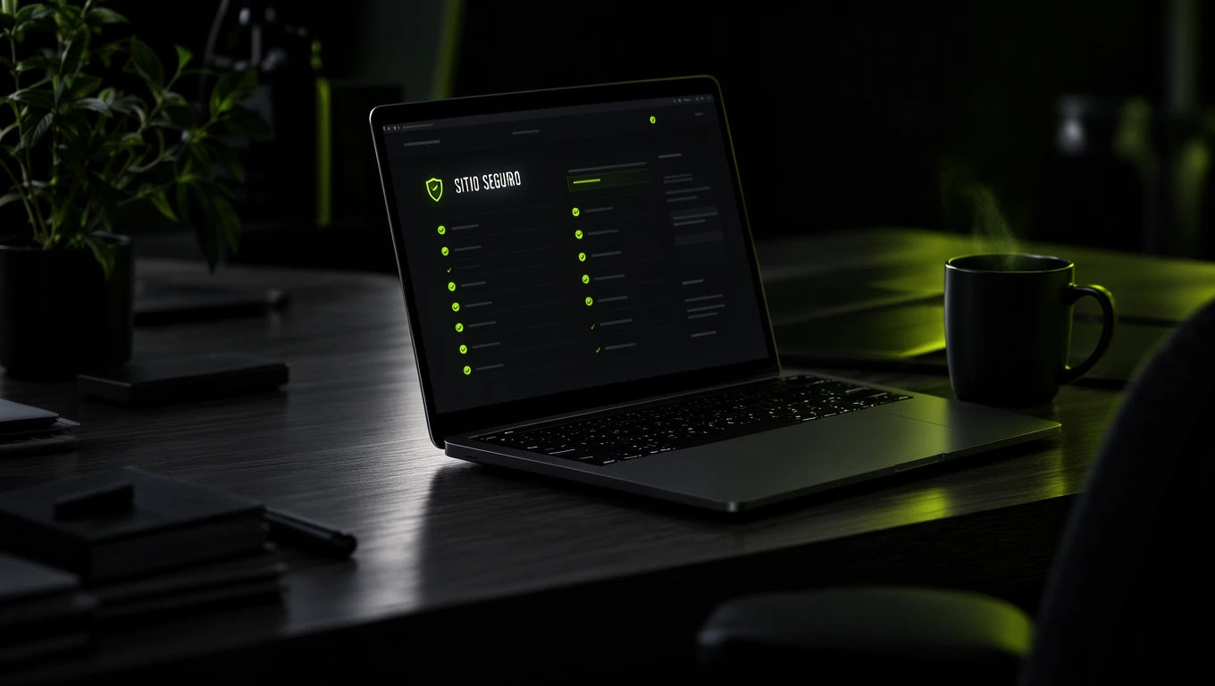 Mantenimiento WordPress: laptop con panel de sitio seguro y actualizado
